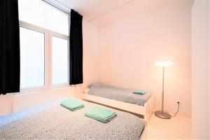 sypialnia z 2 łóżkami i oknem w obiekcie Beautiful Cozy Cityflats in the Centre of Antwerp w Antwerpii