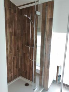 een badkamer met een douche en houten wanden bij Gite romantique de la Ferme du Pral in Saint-Victor