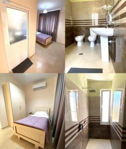three pictures of a bathroom with a bed and a sink at R HOTEL in Çorovodë