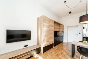ein Wohnzimmer mit einem großen Flachbild-TV an der Wand in der Unterkunft Apartament Matejki E in Bielsko-Biała