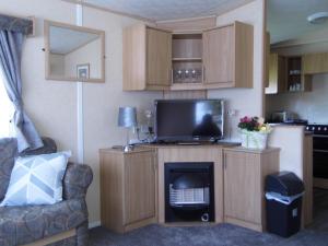 sala de estar con TV y chimenea en Oakdene -3 Bedroom Caravan en Weeley
