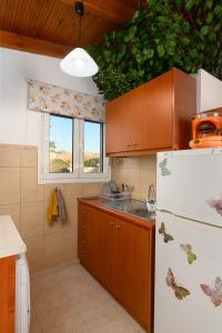 a kitchen with wooden cabinets and a white refrigerator at Anastasia's House 2 in Plátanos