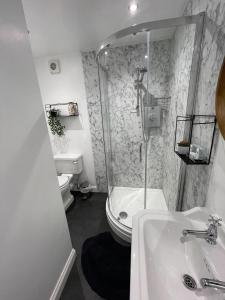 a bathroom with a shower and a toilet and a sink at The Little Angel in Whitby