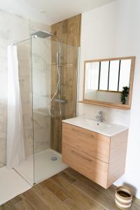 a bathroom with a shower and a sink and a mirror at Charmant appartement avec parking privé in Saumur
