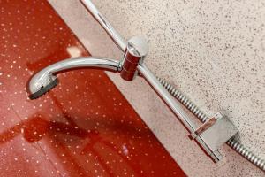 a shower head in a bathroom with a red floor at Palm Court in Skegness
