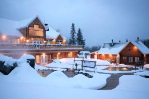 una casa cubierta de nieve por la noche con piscina en Refuge du Massif - Halte au cœur du village, en Saint-Philémon