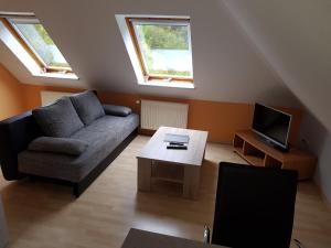 ein Wohnzimmer mit einem Sofa und einem TV in der Unterkunft Iris 2-3 Personen - Ferienwohnungen Wagner & Gaul Falkenauel in Falkenauel