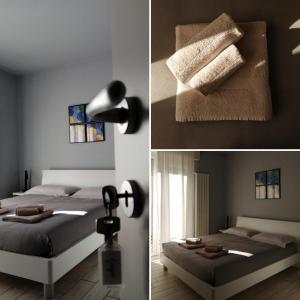two pictures of a bedroom with a bed and a lamp at Le3stanze in Borgomanero