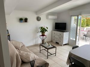 ein Wohnzimmer mit einem Sofa und einem TV in der Unterkunft Location gîte campagne en Provence - Vaucluse in Pernes-les-Fontaines