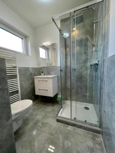a bathroom with a shower and a toilet and a sink at Haus Kormoran Borkum in Borkum