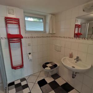 een badkamer met toilet en wastafel bij Ferienwohnung Ostrau in Bad Schandau +24 foto's