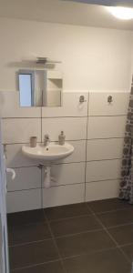 a bathroom with a sink and a mirror at Apartmenthaus beim LKH Graz in Graz