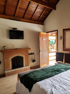 a bedroom with a fireplace and a bed and a television at Pousada Cabana na Floresta - Monte Verde in Camanducaia