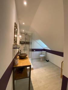 a bathroom with a sink and a toilet in a room at Chambres d'hôtes Le Petit Roche in Arc-et-Senans