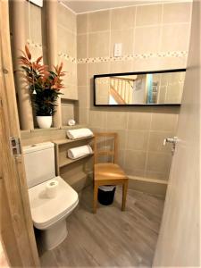 a bathroom with a toilet and a chair at Beautiful Apartment With Terrace Near Kentish Town in London