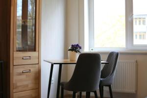 einen Tisch und zwei Stühle in einem Zimmer mit Fenster in der Unterkunft Modern 2 Rooms Apartment in Kaunas