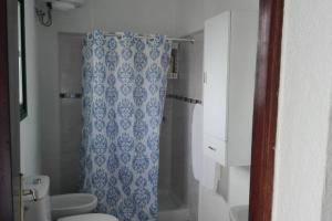 a bathroom with a blue shower curtain and a toilet at Casita Abuela Rosa in Sabinosa