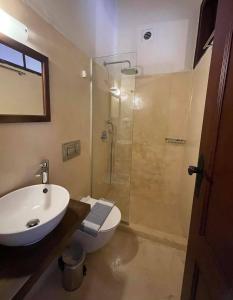 a bathroom with a shower and a toilet and a sink at Captain Vasilis Hotel in Chania Town