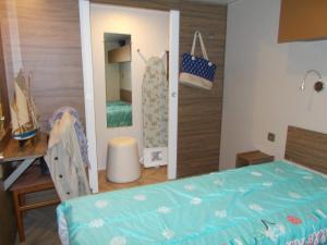 1 dormitorio con cama, escritorio y espejo en mobilhome charme funpass et wifi inclus en Gastes