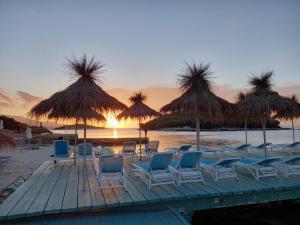 a group of chairs and umbrellas on a beach at Jonny Guesthouse in Ksamil