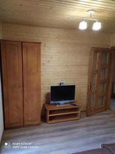 a living room with a tv and a wooden wall at Panorama in Kvasy