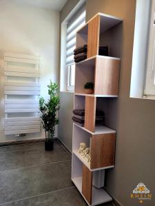 a book shelf in a room with a window at Top Modernes Rhein Apartment Vallendar in Vallendar