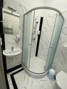 a bathroom with a shower and a sink at Apartamenty Olsztyn in Olsztyn