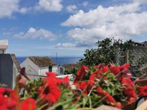 een uitzicht op de oceaan vanuit een tuin met rode bloemen bij The Handmade House Azores in Porto Formoso