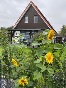 a house with a garden with yellow sunflowers at Ferienhaus Kiebitz in Dorum Neufeld