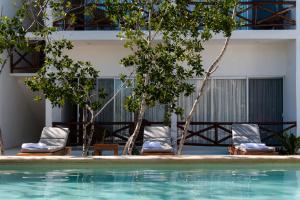 a swimming pool with chairs and trees next to a building at Sanyama Holbox in Holbox Island