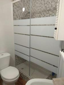 a bathroom with a toilet and a glass shower at Casa Relajación in Santa Cruz de Tenerife