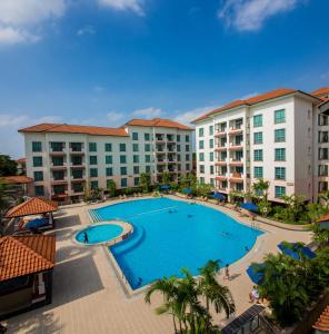 an aerial view of a resort with a swimming pool at Diamond Westlake Suites in Hanoi