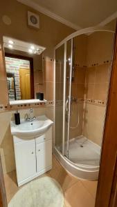 łazienka z prysznicem i umywalką w obiekcie Dalma Apartment w mieście Gyula +36 zdjęć