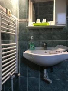 uma casa de banho com um lavatório branco e um espelho. em Engi Panzió em Ocna de Sus