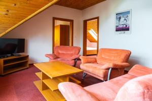 een woonkamer met een bank, twee stoelen en een tv bij Apartmány Snežienka in Stary Smokovec +9 foto's