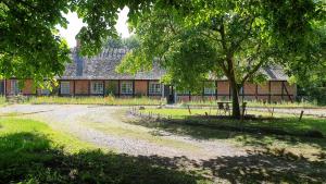 un edificio con un árbol y un camino de tierra en Alter Priesterhof - Idyllische Ferienhausvermietung en Nykøbing Falster