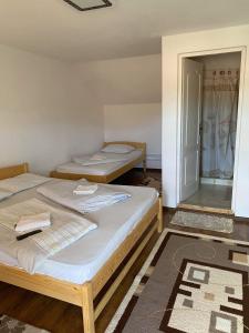 2 camas individuales en una habitación con espejo en Rajni panzio en Praid