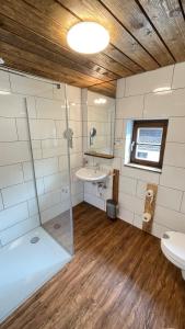 ein Bad mit einer Dusche, einem Waschbecken und einem WC in der Unterkunft RamsAu-das Gasthaus in Bad Heilbrunn