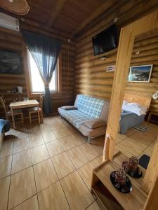 Habitación con cama y TV en una cabina. en Art-eco-hotel Altai, en Bisk