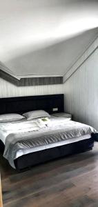 - une chambre avec un grand lit dans l'établissement Pensiunea Luminita, à Târgu Jiu