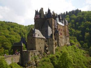 a castle on top of a hill with trees at Ferienwohnung Klemm, Burgen /Untermosel in Burgen