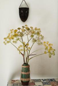 une plante dans un vase sur une table avec une horloge dans l'établissement Sa Ferula, à Tortolì