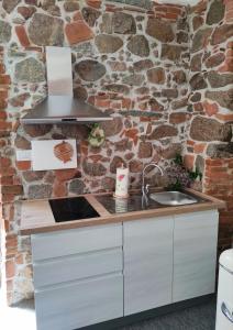 - une cuisine avec un évier et un mur en pierre dans l'établissement Sa Ferula, à Tortolì