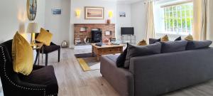 a living room with two couches and a fireplace at Large 1 bed Apt, in the best location in Dublin! in Dublin