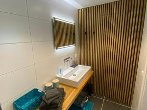 Simonshaven的住宿－BenB VoornePutten，一间带水槽和镜子的浴室