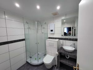 a bathroom with a shower and a toilet and a sink at Hotel Restaurant Adria Kroatien in Bad Ems +21 photos