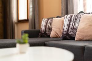 a couch with pillows on it in a living room at Apartmány V Mlýnské strouze in Pilsen
