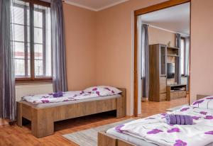 a bedroom with two beds and a mirror at Apartmány V Mlýnské strouze in Pilsen +22 photos