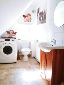 W łazience znajduje się toaleta, umywalka i pralka. w obiekcie Studio in Kretomino w Koszalinie