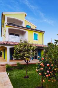 a yellow house with a tree in front of it at Apartman Mendula in Premantura